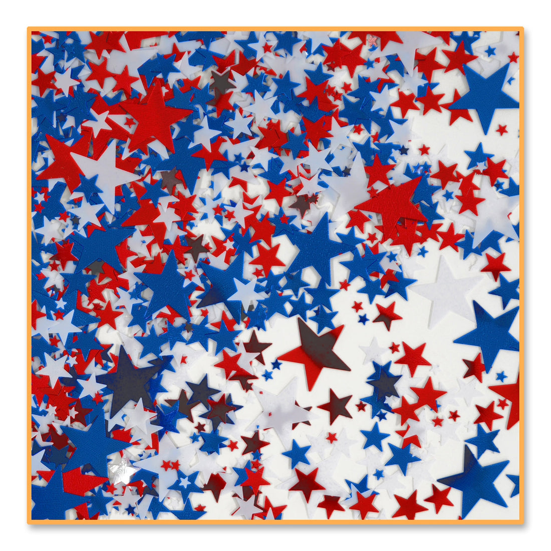 Confetti with red, white, and blue stars on a white background