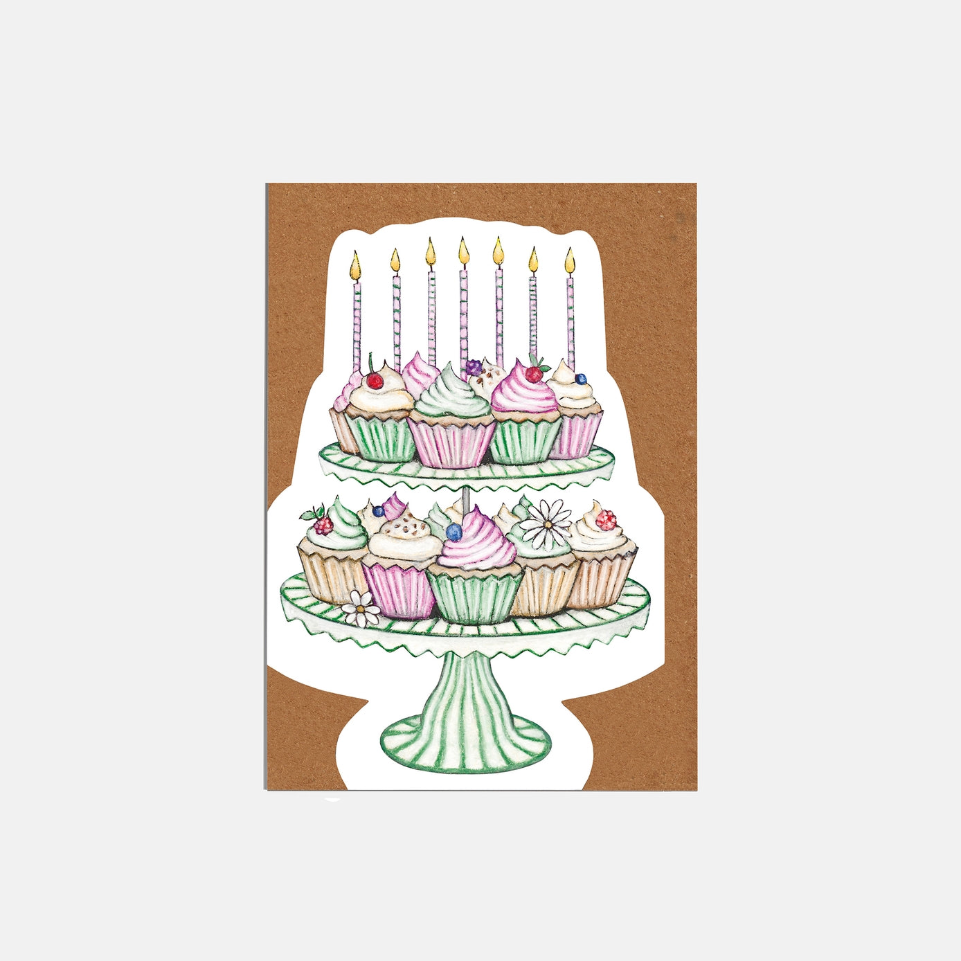 Greeting card with illustration of cupcakes on a 2-tier cake stand. 