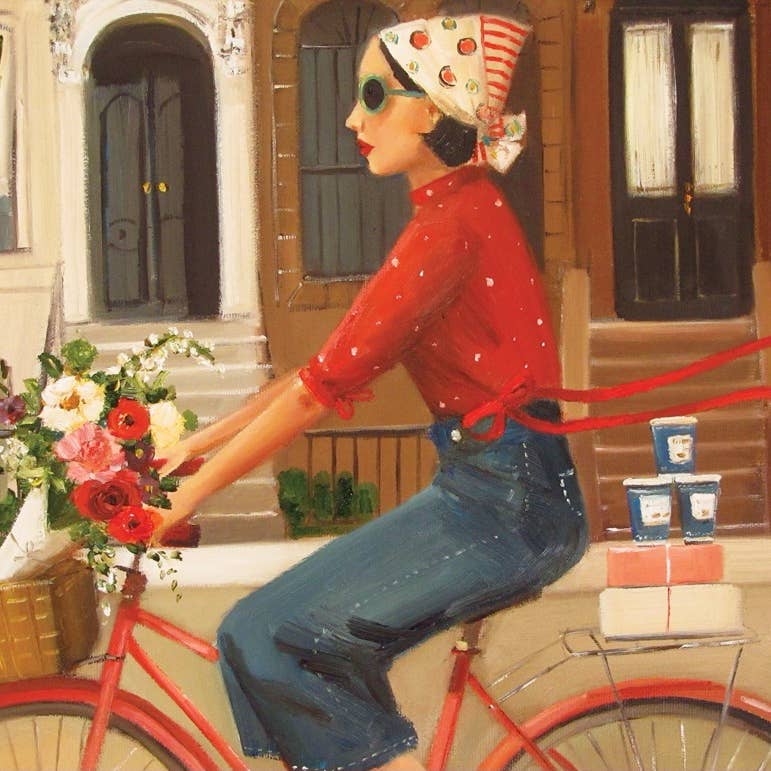 A Brownstones Puzzle of a woman riding a red bicycle with a basket of flowers in front of a building with windows and doors, crafted by Janet Hill, by New York Puzzle Company.