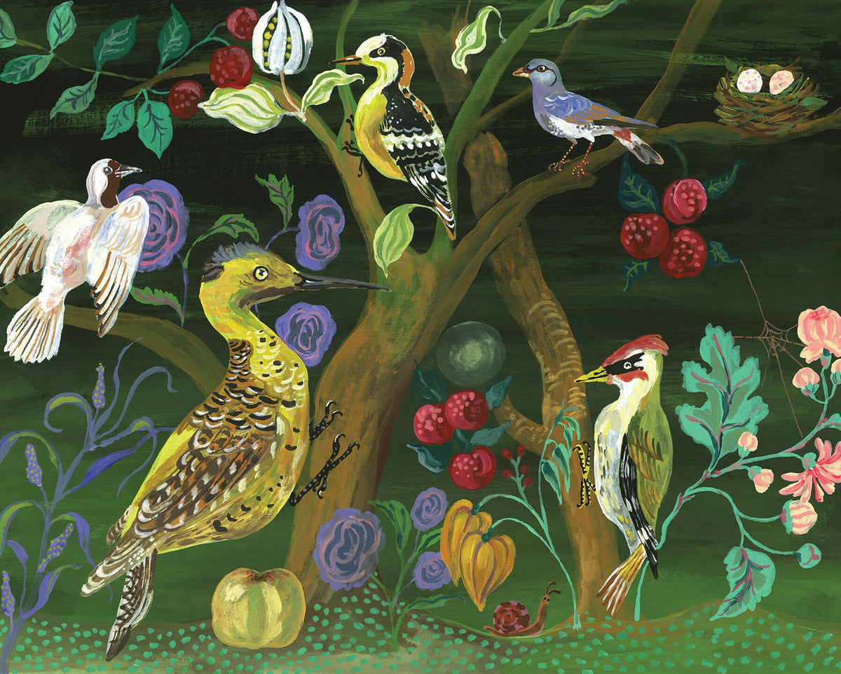 Colorful illustration of birds and flowers in a forest setting