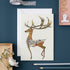 A whimsical watercolour painting of a deer with elaborate patterns on its body, displayed on a desk with The DM Collection Stag Card.