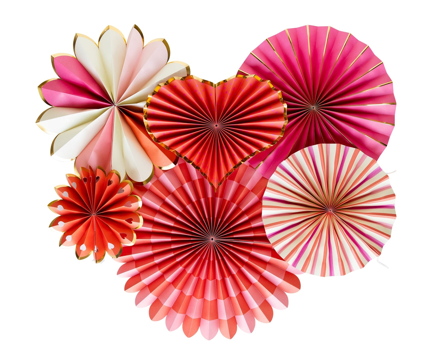 A set of 6 different shaped paper fans in assorted shades of pinks with gold accents. 