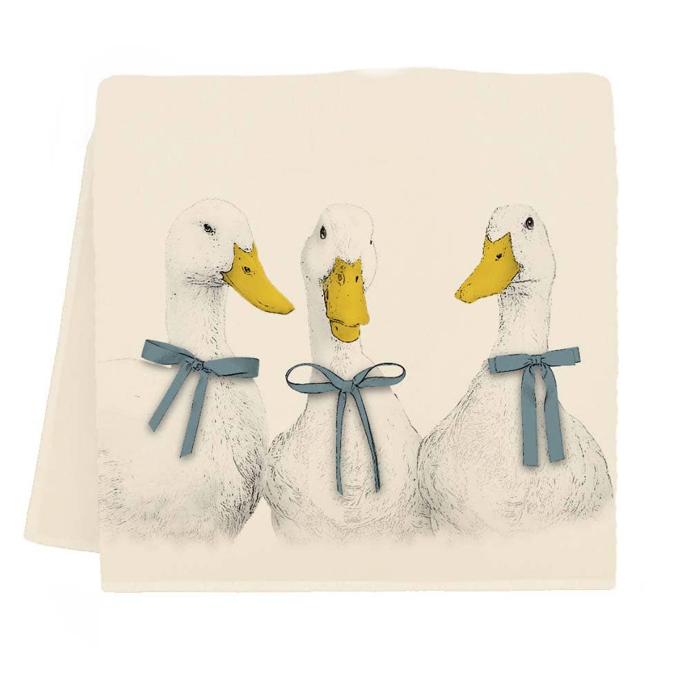 Three cartoon ducks with blue bows on a beige background