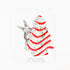 A white greeting card featuring a watercolor illustration of a gray rabbit peeking around a white Christmas tree decorated with red icing-like stripes and green sprinkles. The text at the bottom reads &