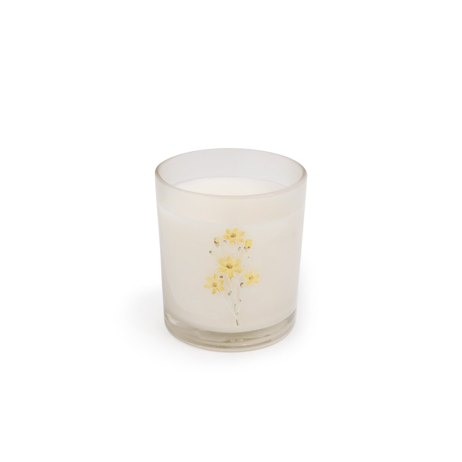 Glass candle with flowers on it. 