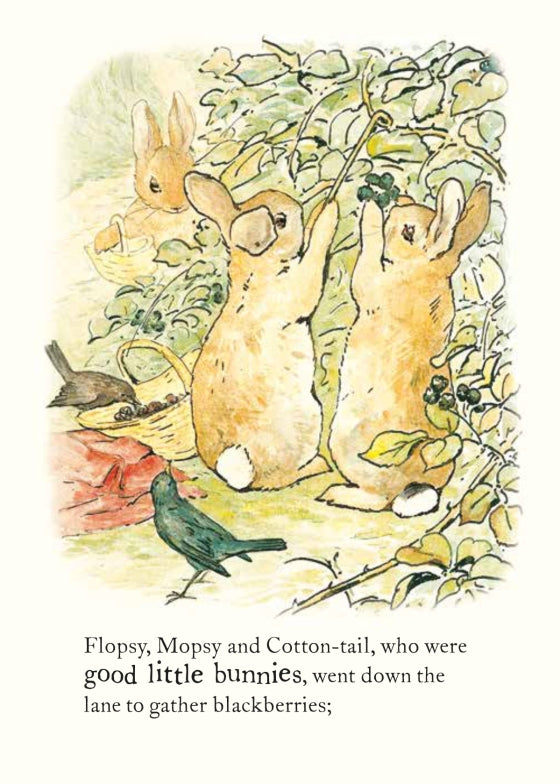 Illustration of three bunnies gathering blackberries with text at the bottom.