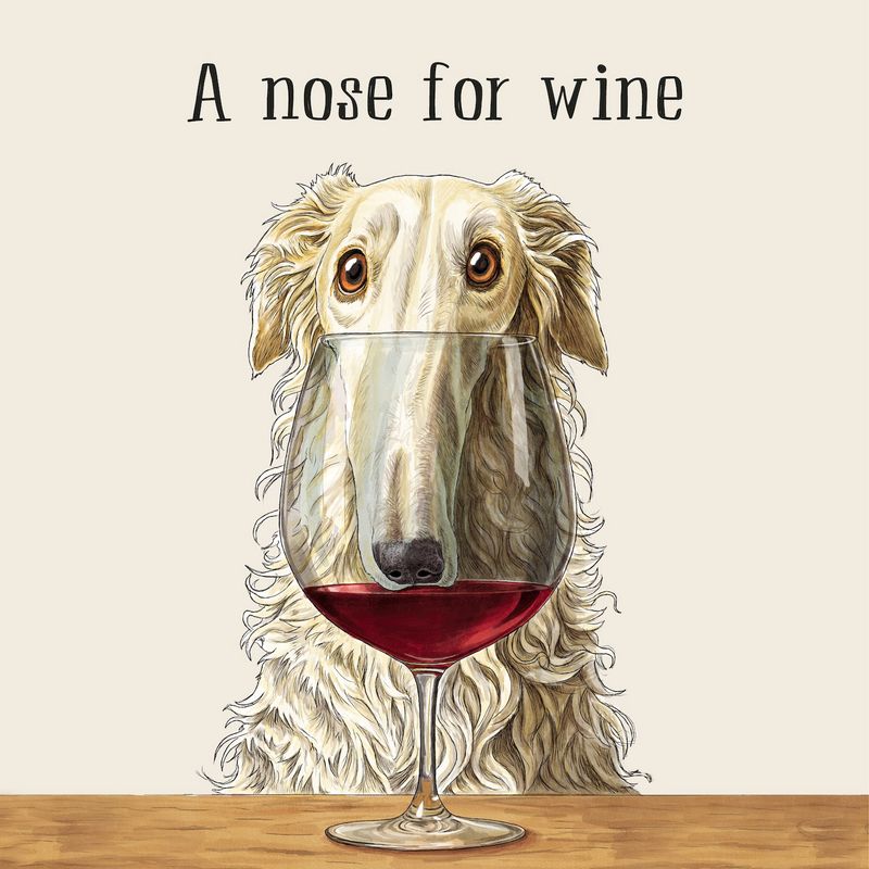 A square cocktail napkin featuring a funny illustration of a long-nosed dog with its snout in a glass of red wine, titled &
