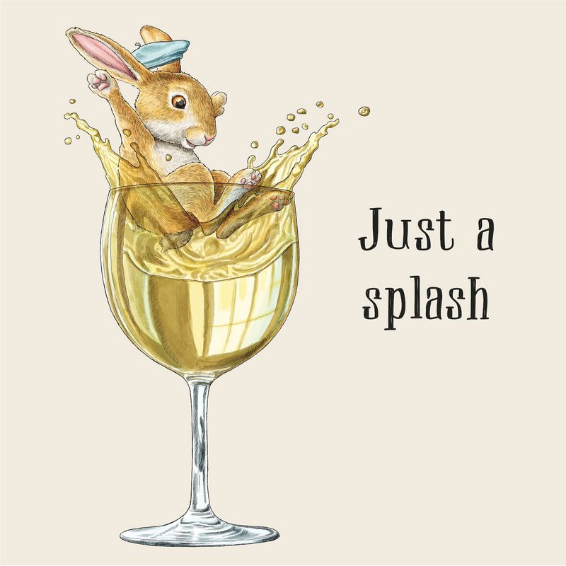 A square cocktail napkin featuring a funny illustration of a rabbit in a teal beret hat jumping feet first into a large glass of white wine, with the words &
