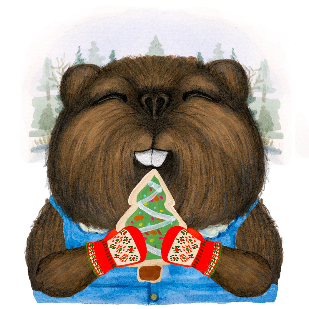 A Dear Hancock card featuring a hand-drawn beaver with a vest and mittens, eating a tree-shaped cookie