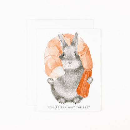 Greeting card with a graphite Bunny with hand painted shrimp. Text reads &quot;You&