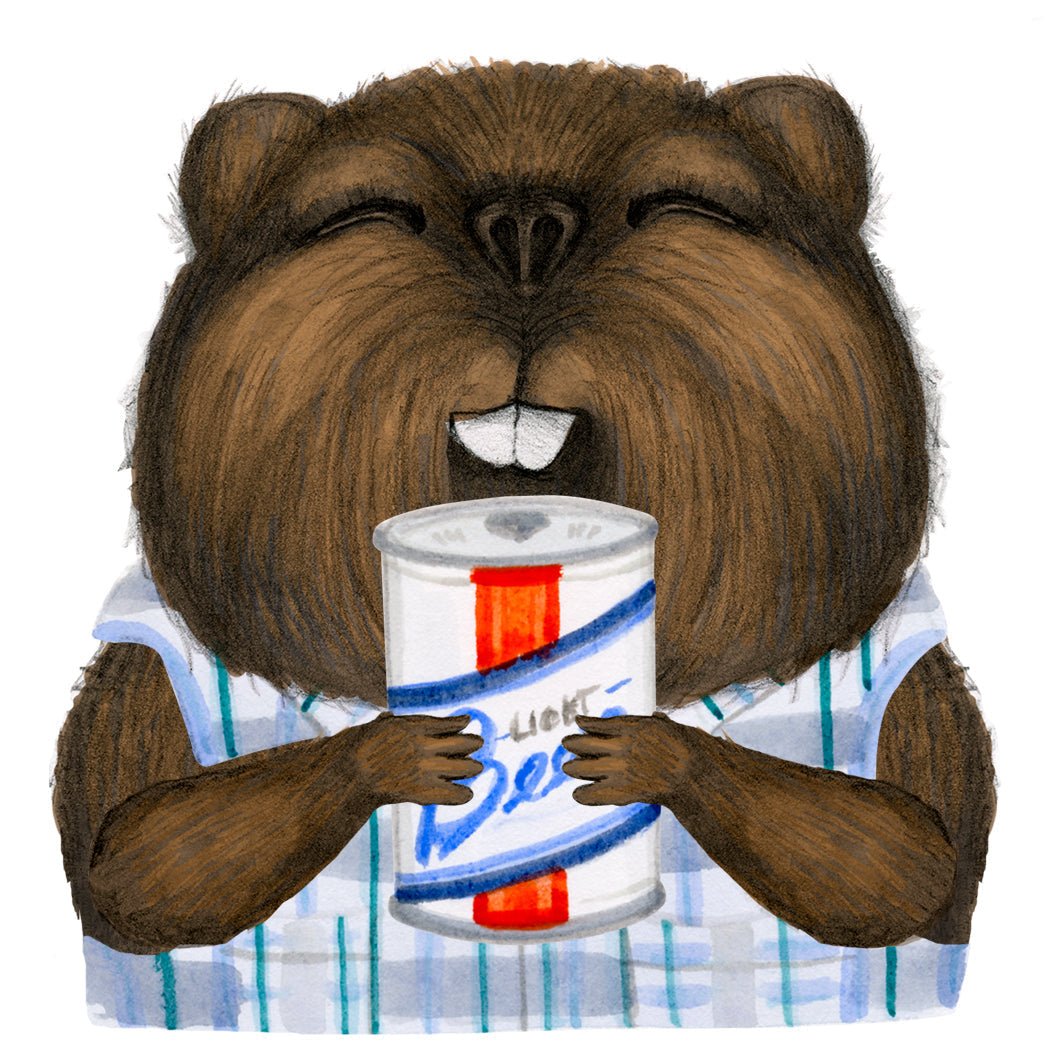 Hand-drawn Beaver holding a can of beer.