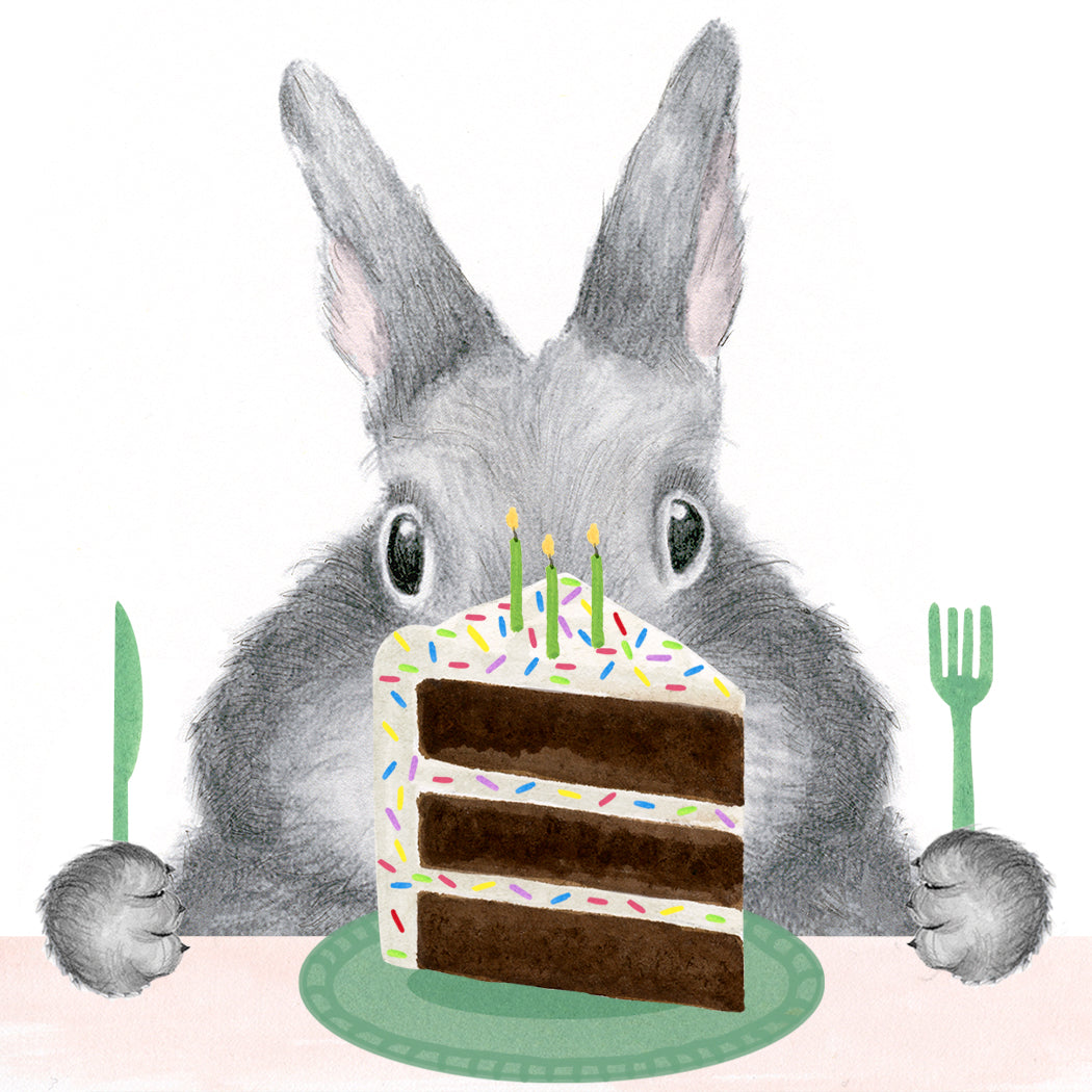 An Another Grey Hare Card by Dear Hancock, featuring a graphite bunny holding a fork and knife with a slice of cake in front of it. 