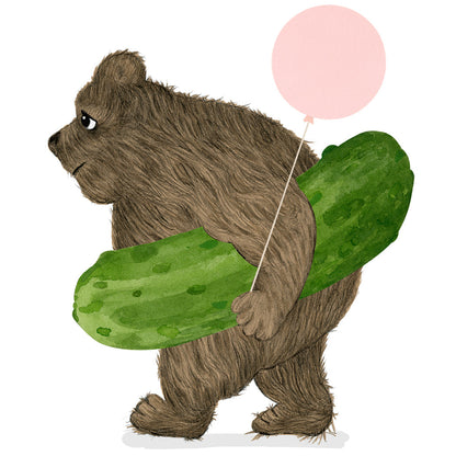A Dear Hancock No Big Dill Card featuring a bear holding a dill pickle and a balloon for a birthday celebration.