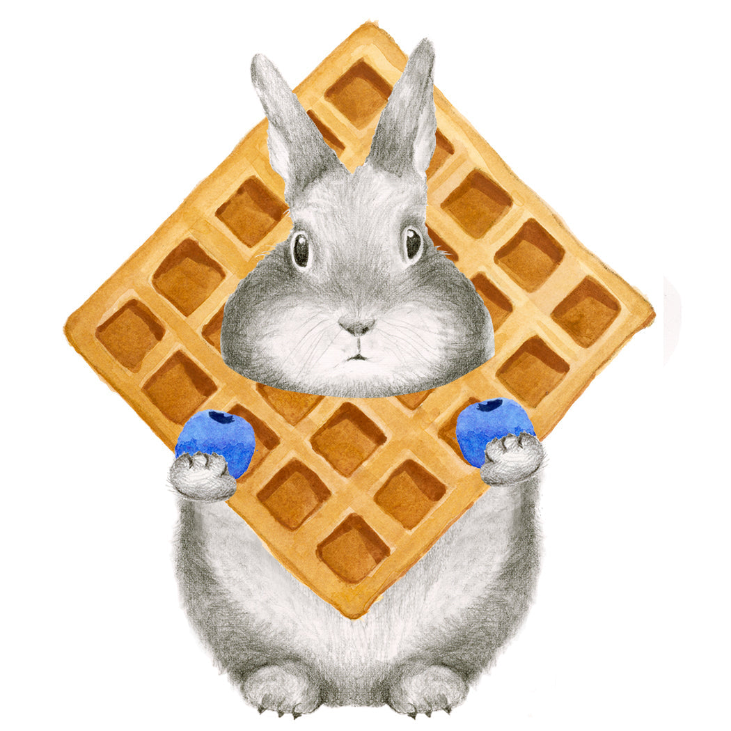 Greeting card with hand-drawn graphite bunny Hancock peaking through a waffle holding a blueberry in each hand.