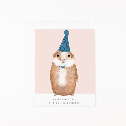 A Dear Hancock birthday card with a hand-painted Guinea Pig in a party hat with text that reads &quot;Happy Birthday! It&