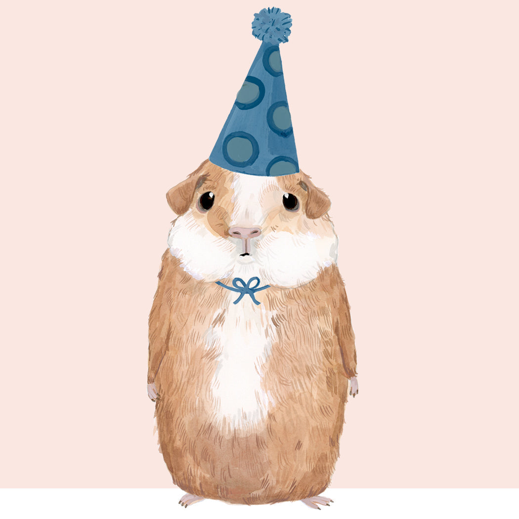 A Dear Hancock birthday card with a hand-painted Guinea Pig in a party hat
