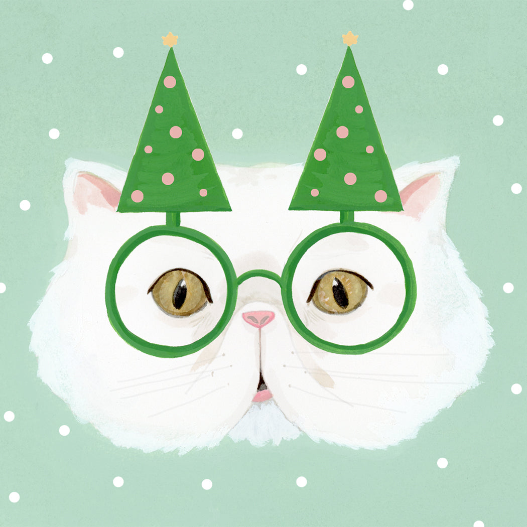 A Dear Hancock Purrfect Holiday Card featuring a hand-painted illustration of a white cat wearing green glasses with a pair of party hats resembling Christmas trees.