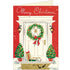 A Christmas greeting card featuring an illustrated white front door with a green wreath and red bow, set against a red brick wall. The card reads &