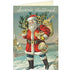 Vintage-style Christmas card with Santa Claus holding a sack and tree, set against a snowy village scene.