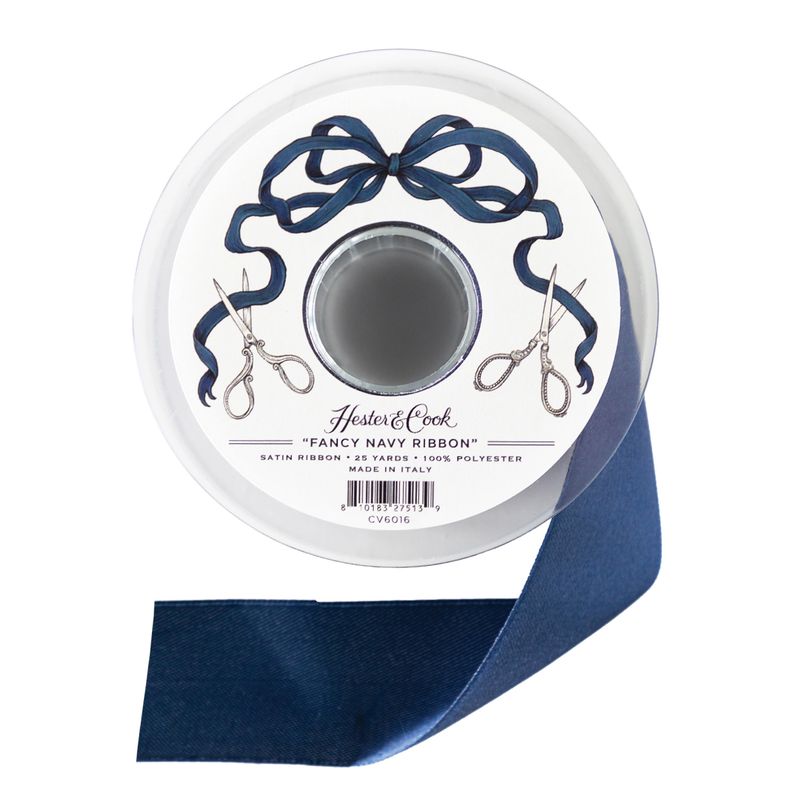 A spool of Fancy Navy Blue Ribbon from Hester &amp; Cook on a white background.