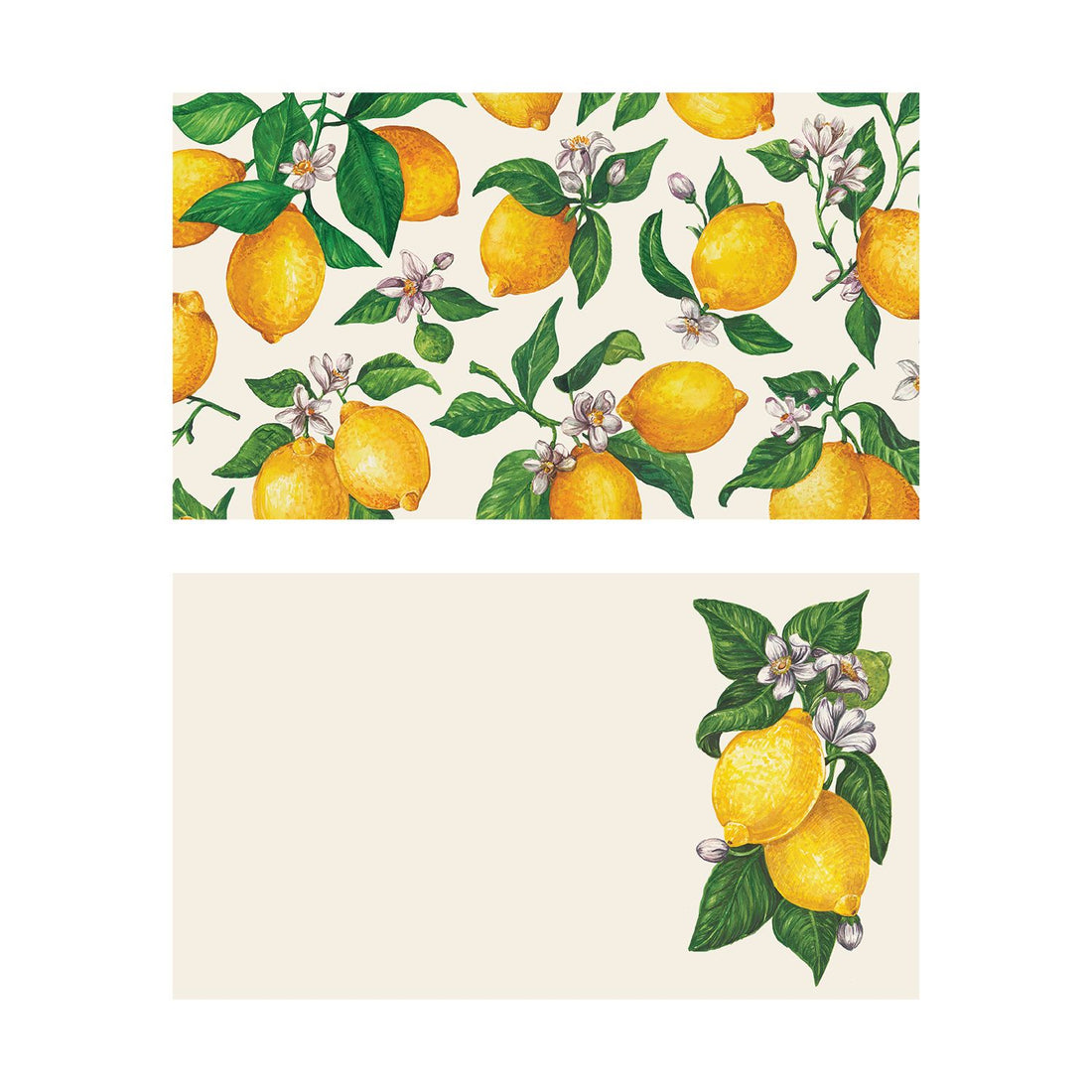 Two illustrated note card designs on a cream background. The top card features an all-over, repeating pattern of bright yellow lemons hanging from green leafy branches with small white and purple citrus blossoms. The bottom card is mostly blank, featuring a vertical cluster of two whole lemons, green leaves, and white citrus blossoms tucked elegantly along the right-hand edge.