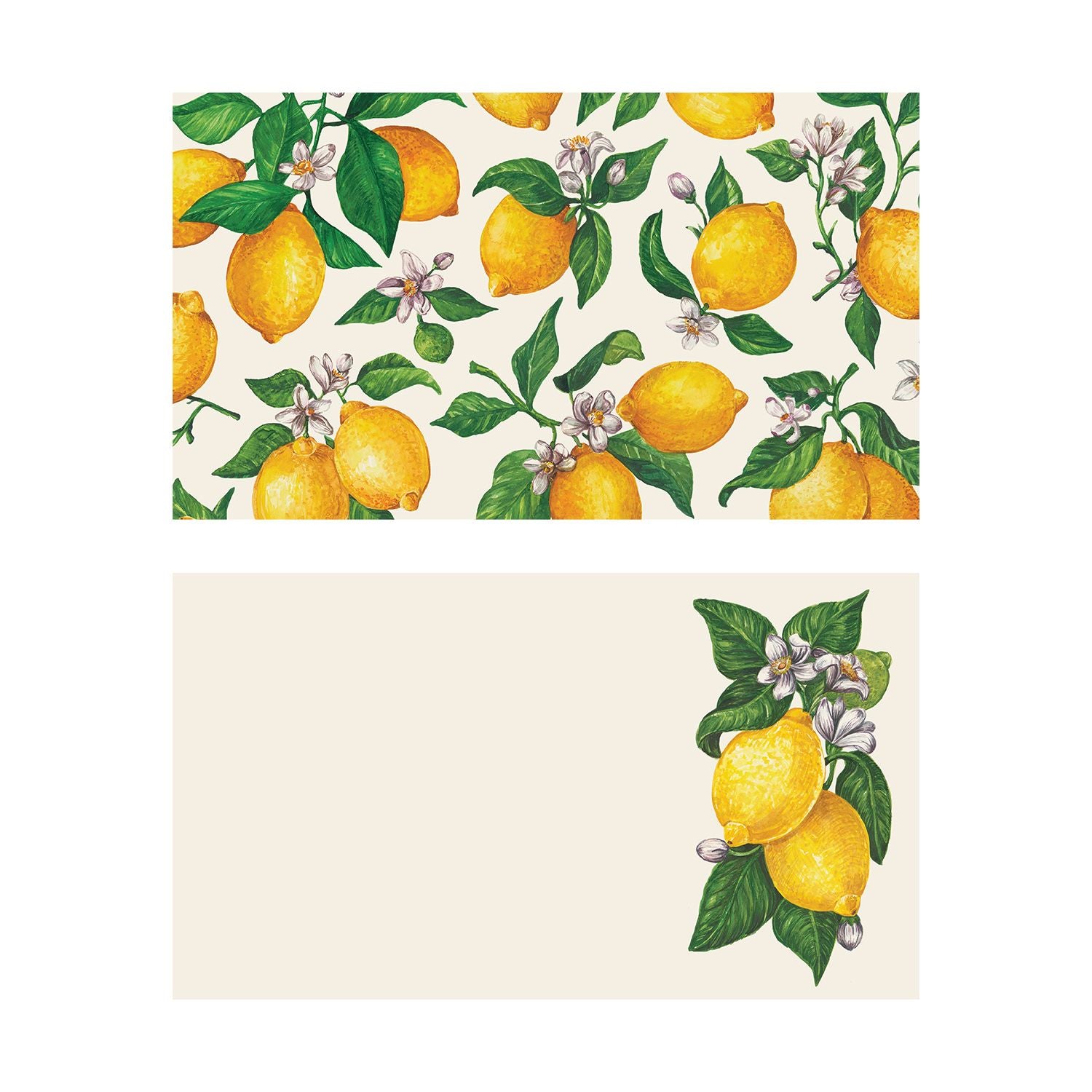 Two illustrated note card designs on a cream background. The top card features an all-over, repeating pattern of bright yellow lemons hanging from green leafy branches with small white and purple citrus blossoms. The bottom card is mostly blank, featuring a vertical cluster of two whole lemons, green leaves, and white citrus blossoms tucked elegantly along the right-hand edge.