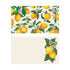 Two illustrated note card designs on a cream background. The top card features an all-over, repeating pattern of bright yellow lemons hanging from green leafy branches with small white and purple citrus blossoms. The bottom card is mostly blank, featuring a vertical cluster of two whole lemons, green leaves, and white citrus blossoms tucked elegantly along the right-hand edge.