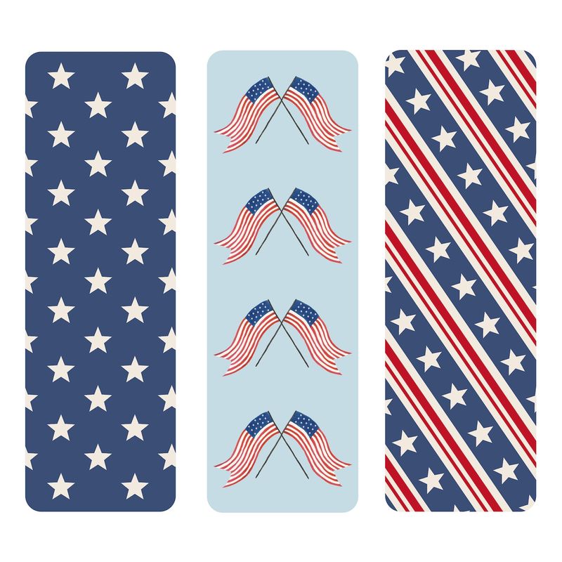 Three bookmarks with American flag designs on a white background
