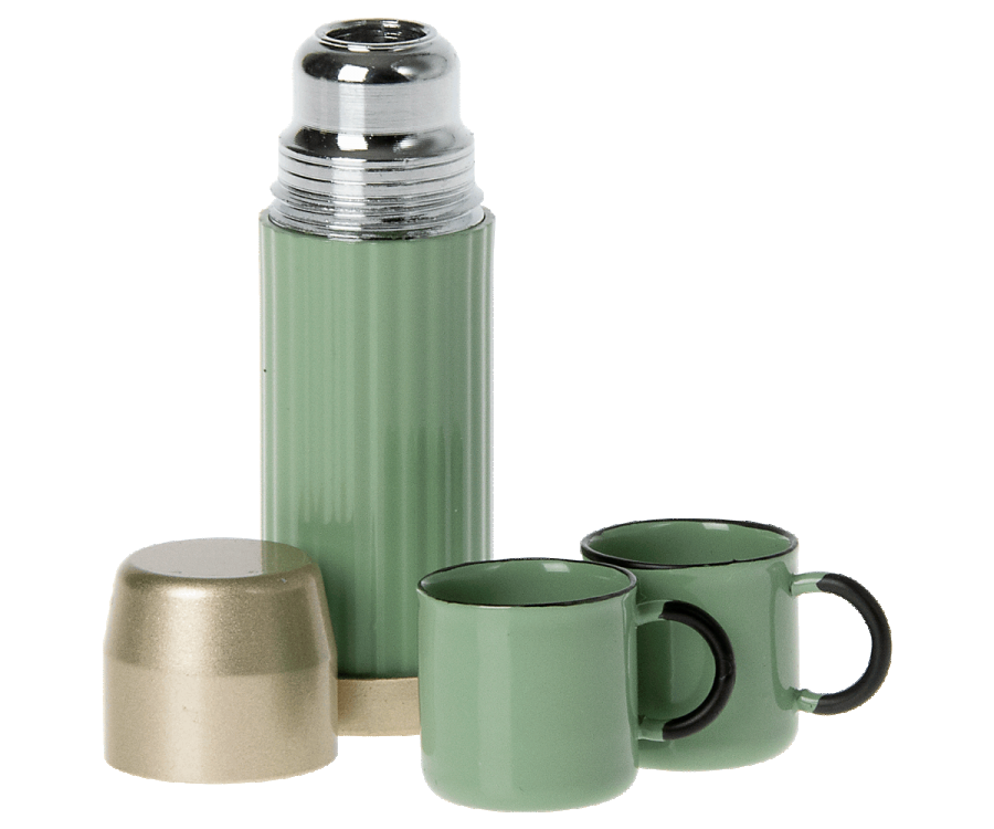 A Mini Thermos and Cups Set by Maileg on a black background.
