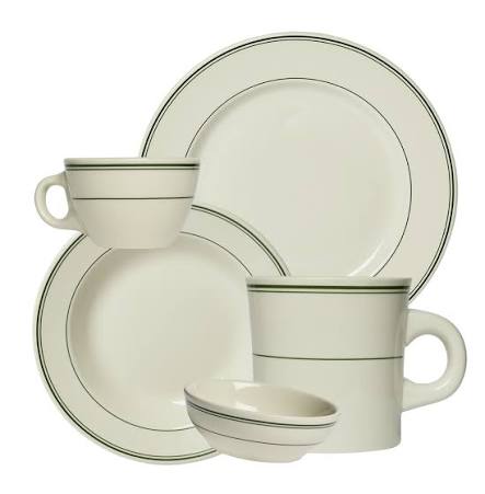 Fishs Eddy Greenband dinnerware set including mugs, and 2 sizes of plates. 