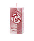 A red and white striped popcorn box ornament on a white background.
