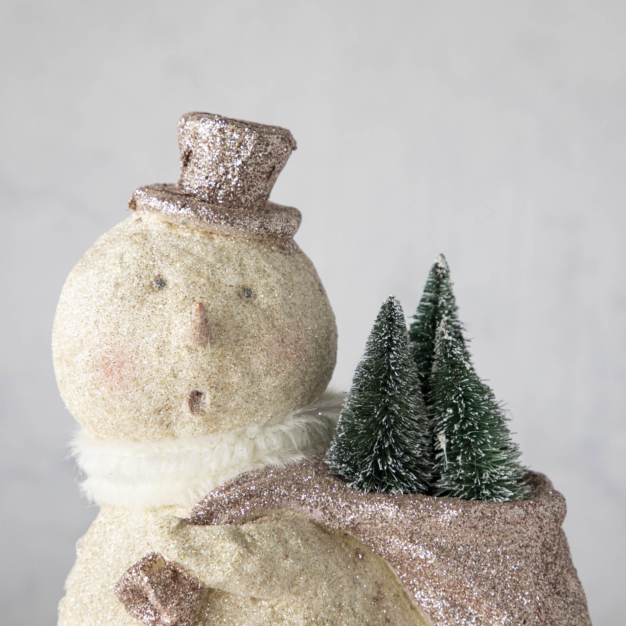 A close up of the Sparkle Snowman with a top hat and a surprised look on its face.