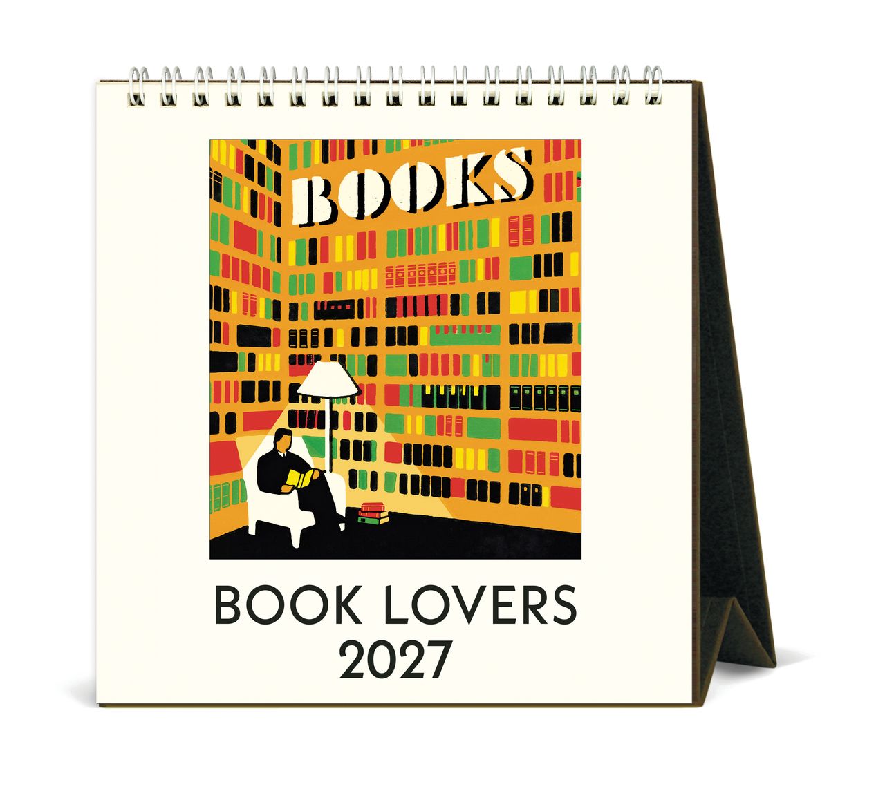 2027 calendar for book lovers with a colorful bookshelf design on a white background