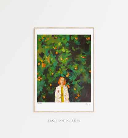 A Lost in Miami Small Art Print of an orange tree with a girl standing in front of it, created by fine artist Janet Hill.