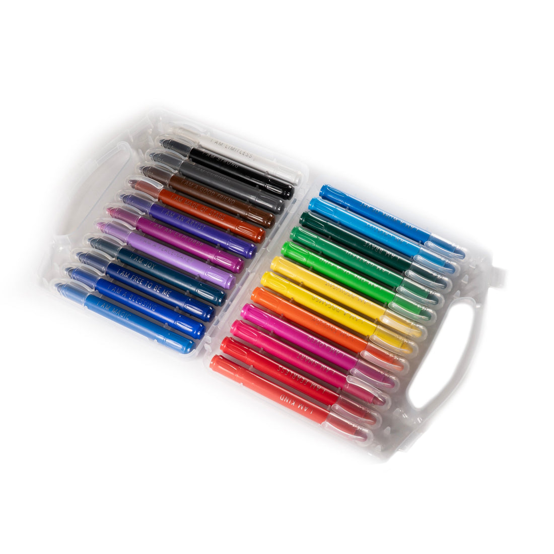A pack of Silky Gel Crayons containing 24 colorful crayons, displayed in a clear plastic case with a label in the center.