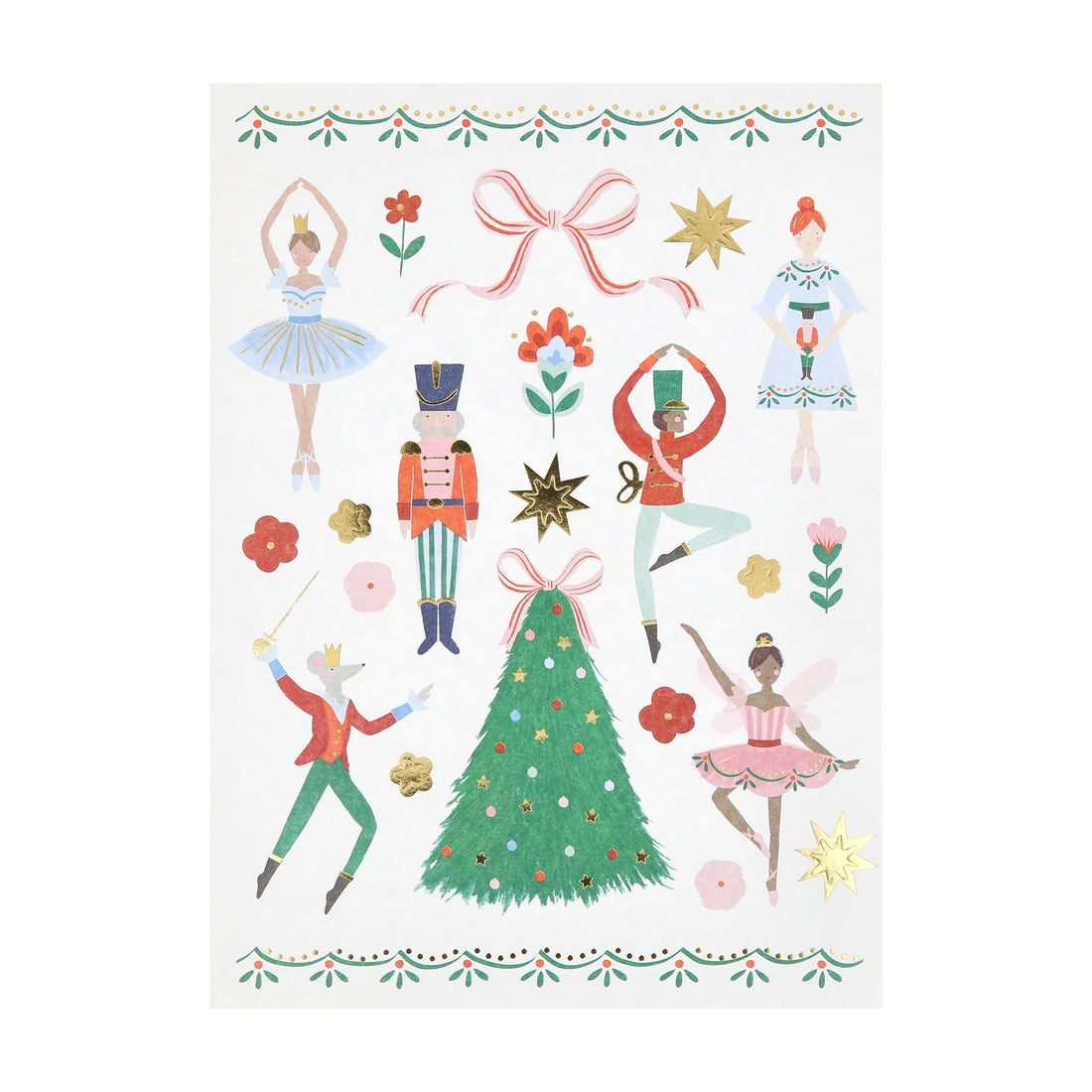 Decorative stickers with Christmas-themed illustrations including dancers, a tree, and flowers on a white background.