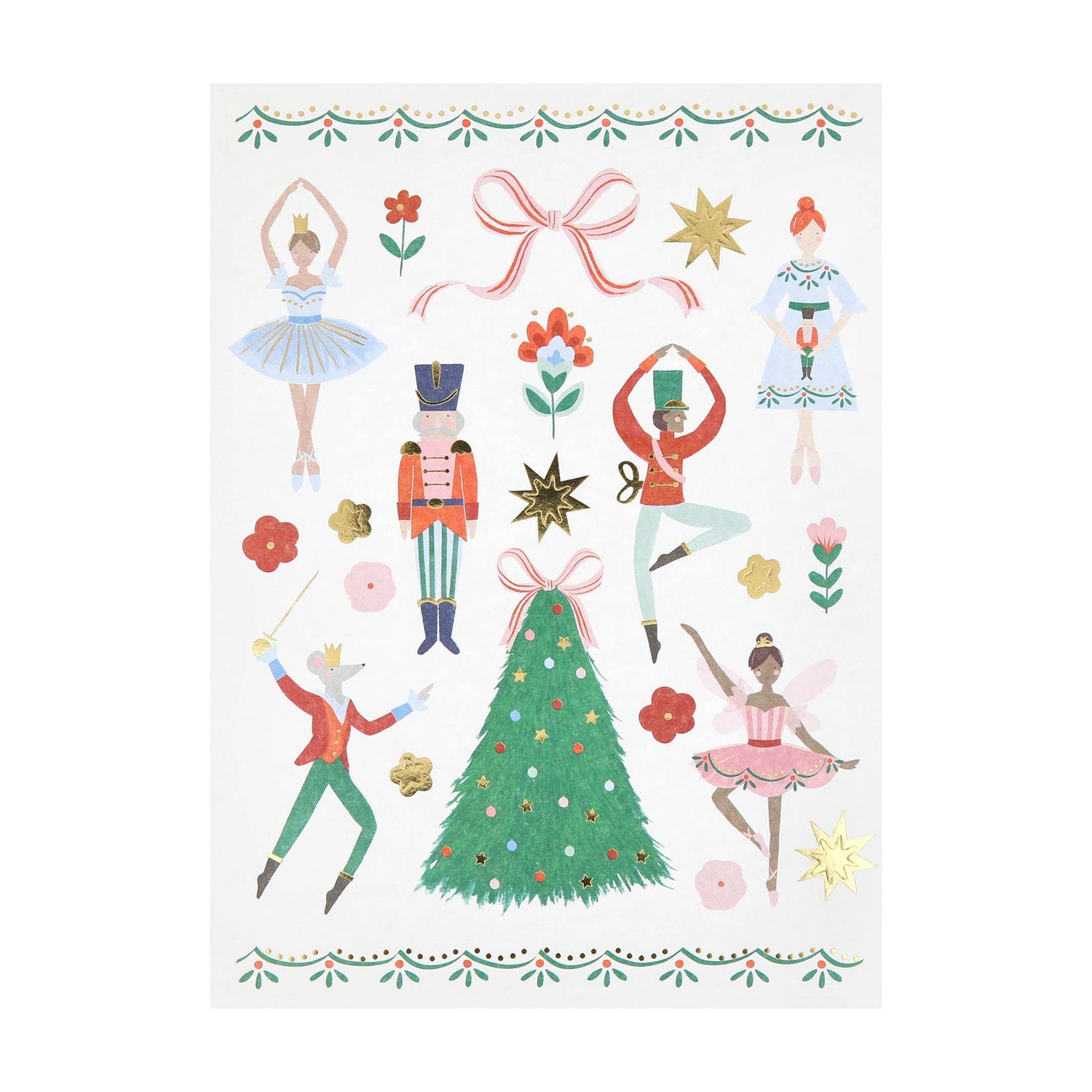 Decorative stickers with Christmas-themed illustrations including dancers, a tree, and flowers on a white background.