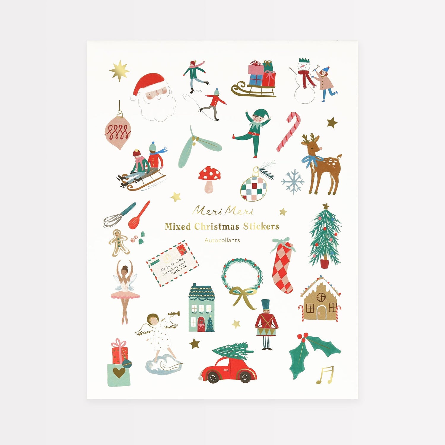 Packaging for Meri Meri Mixed Icon Christmas Stickers with illustrations of various Christmas ephemera on it. 