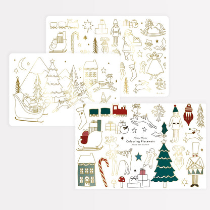 Christmas coloring placemats that include coloring sheets for kids, with fabulous goid foil illustrations.
