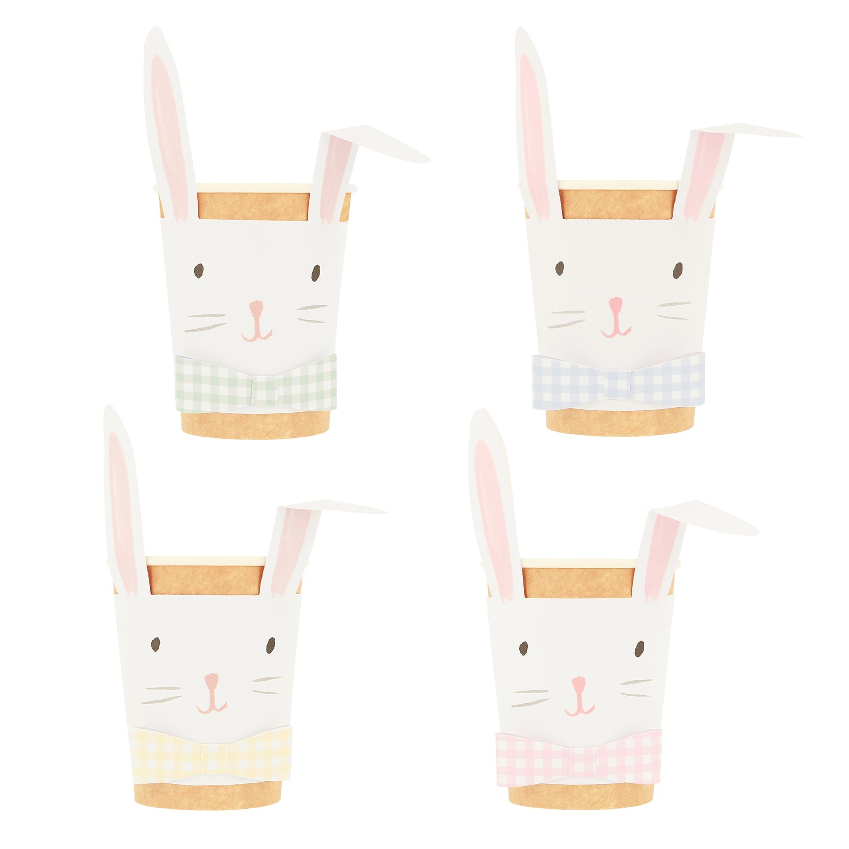 Four Meri Meri Lop Eared Bunny Cups with gingham bows on a white background.