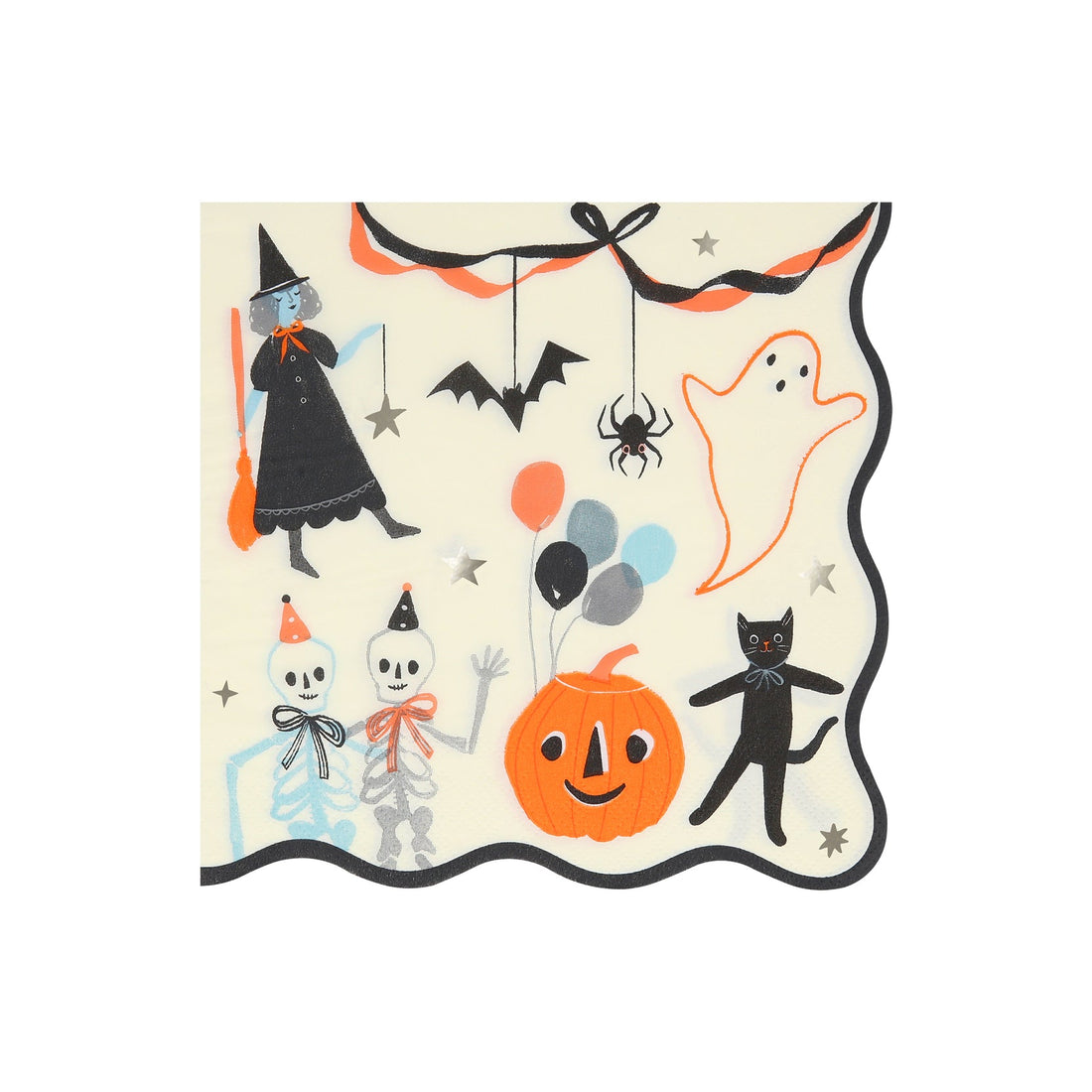 Halloween vintage-look napkins, featuring happy Halloween icons and an on-trend bow design