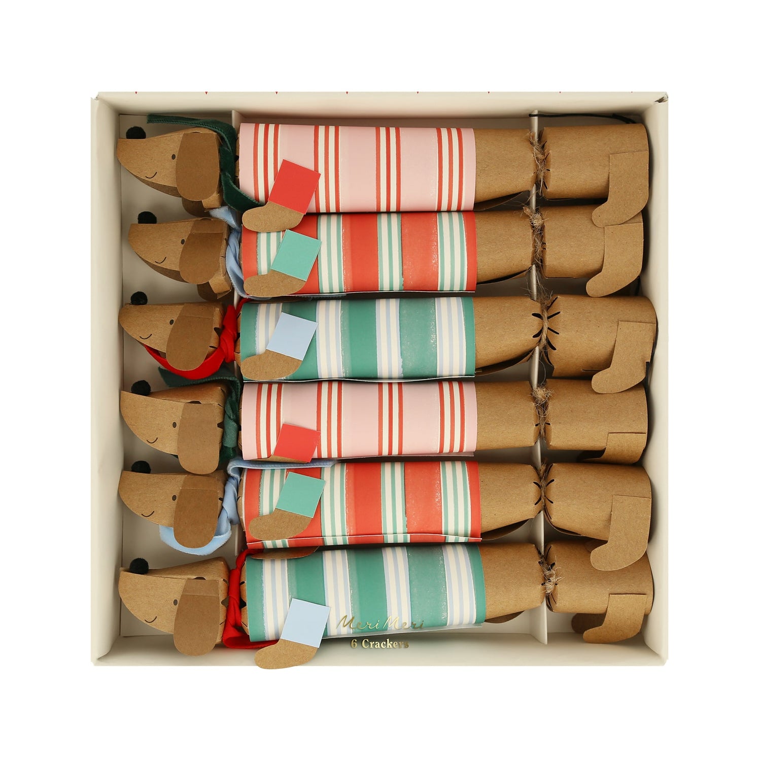 Festive Stripe Sausage Dog Crackers in a box