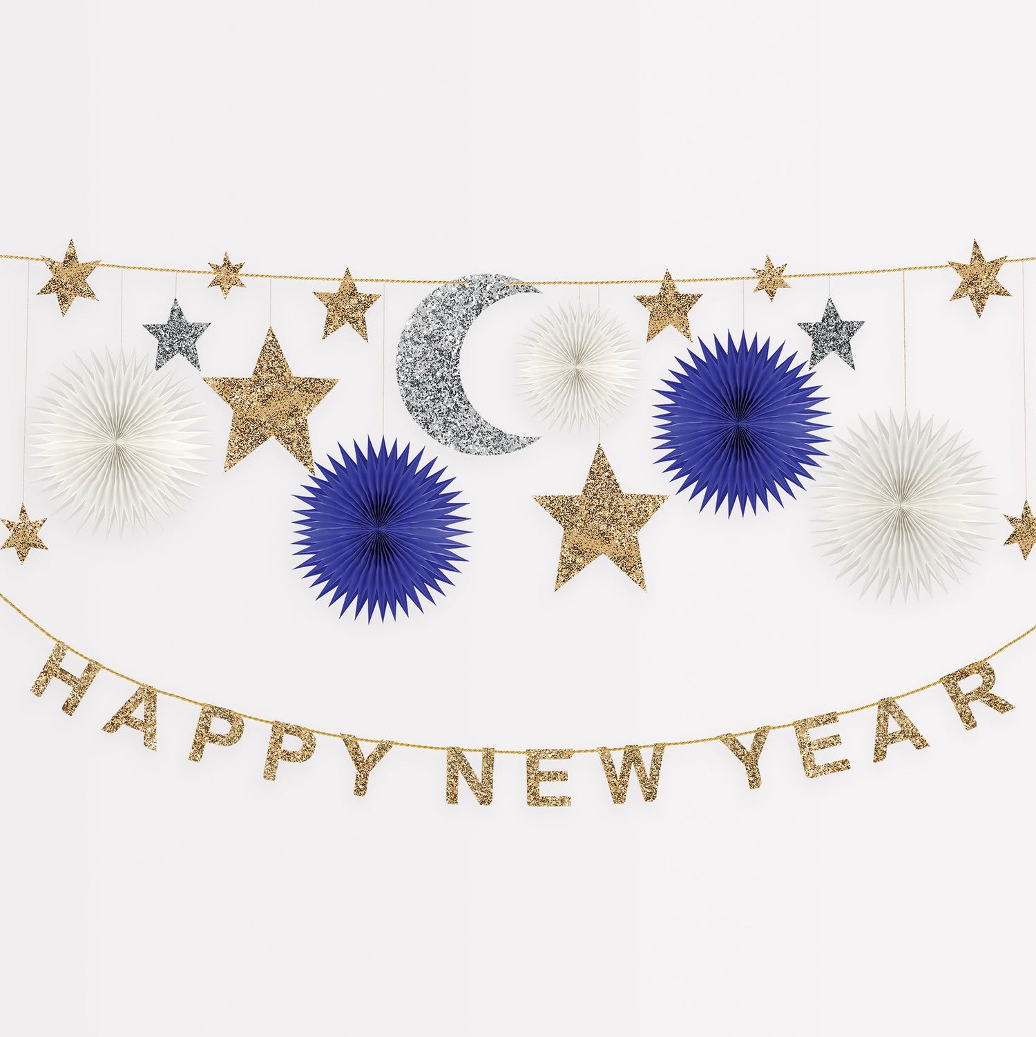 A festive Celestial New Year Garland comprising a banner with the words &quot;happy New Year&quot; in gold lettering, flanked by blue and silver paper fans and gold and silver stars by Meri Meri.