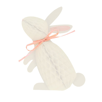 A white Bunny Honeycomb Decorations with pink ribbon on a white background perfect for Easter decorations, made by Meri Meri.
