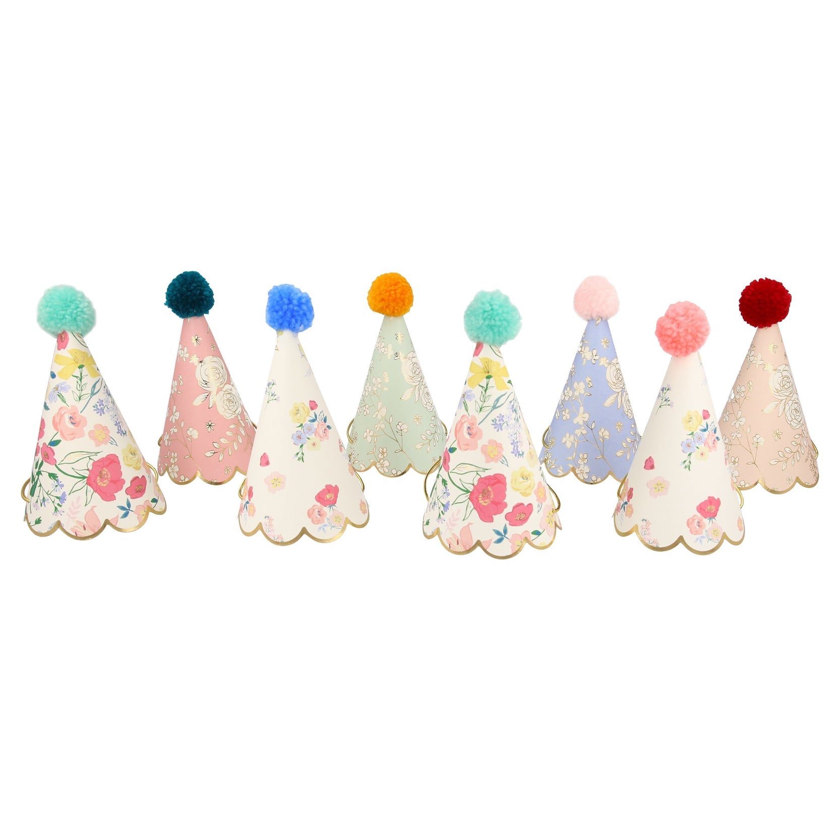 A group of Meri Meri English Garden Party Hats Set of 8 with pom poms showcases elegant floral patterns.