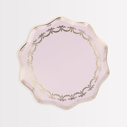 A Meri Meri Ladurée Paris Paper Plate with a pink and gold rim on a white background.