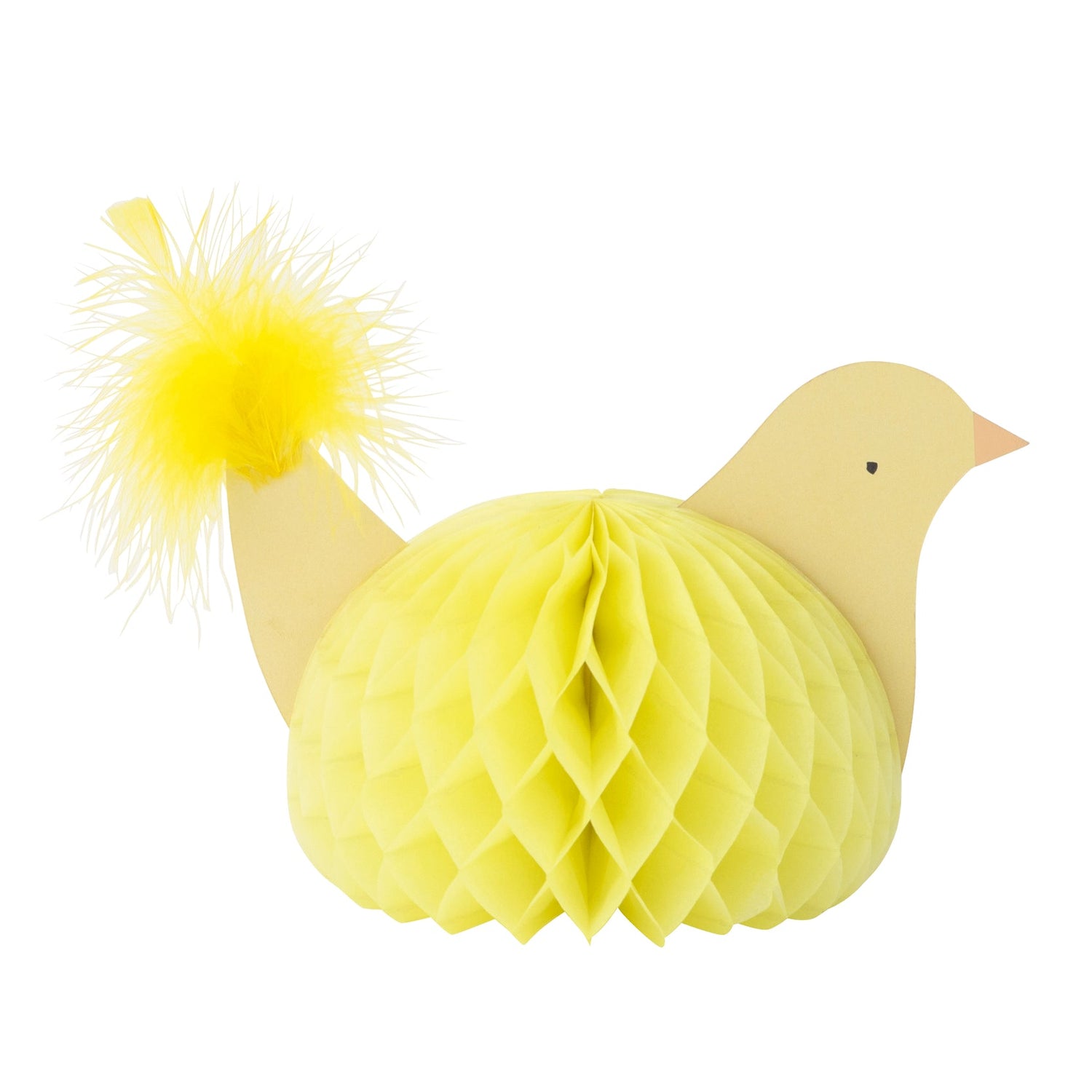 A yellow bird with feathers perched on top of a yellow flower, serving as an eye-catching Meri Meri Easter Honeycomb Decorations decoration for the party table.