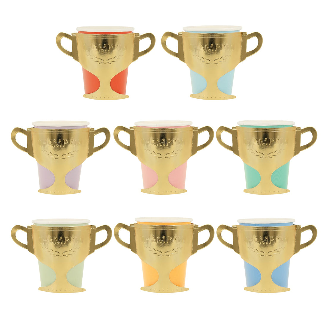 Nine Champion Cups with varying handle colors displayed in a grid pattern, resembling sustainable party cups by Meri Meri.
