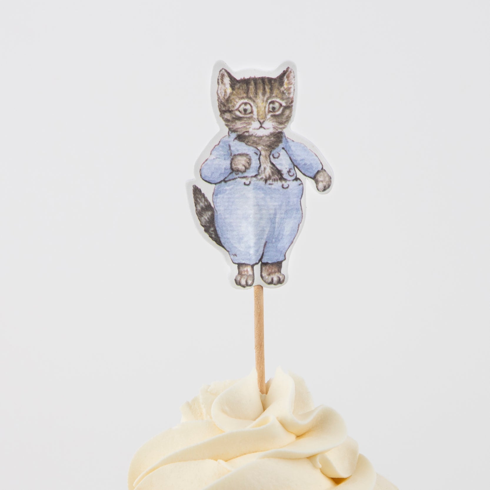 A Peter Rabbit™ In The Garden Cupcake Kit from Meri Meri, with a cat on top, decorated with a cute cupcake topper.
