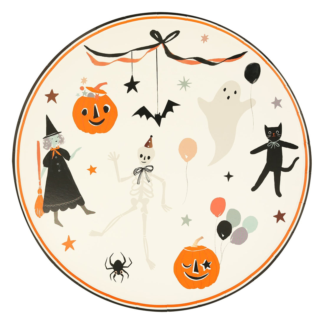 Halloween vintage-look plates, featuring happy Halloween icons and an on-trend bow design